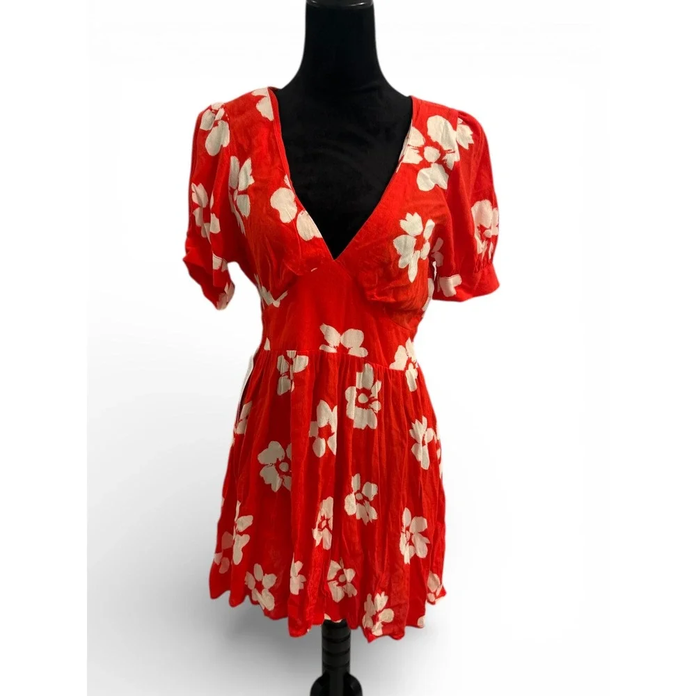TOPSHOP Deep Orange Floral Print Short Sleeve V Neck Mini Dress UK‎ 8 US 4